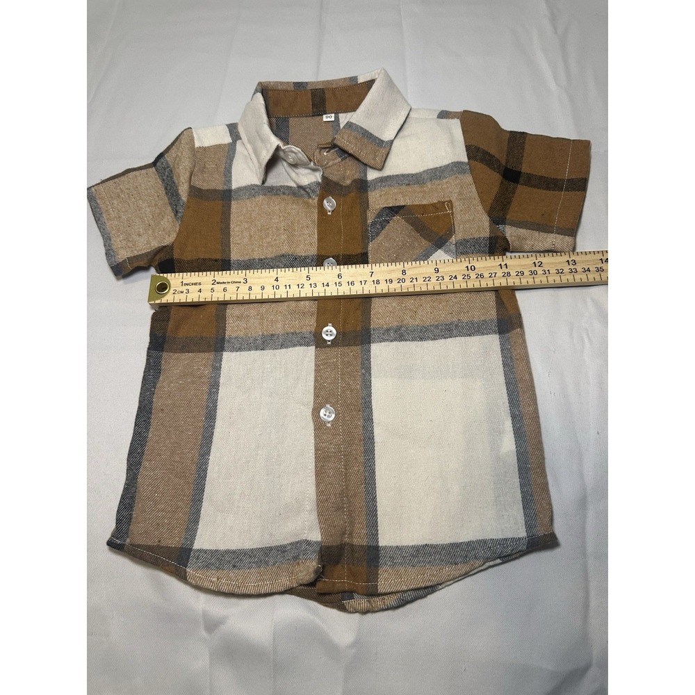 Boys Plaid Button Up Shirt Size 2T Brown Beige Short Sleeve Pocket Casual Trendy - Picture 2 of 7